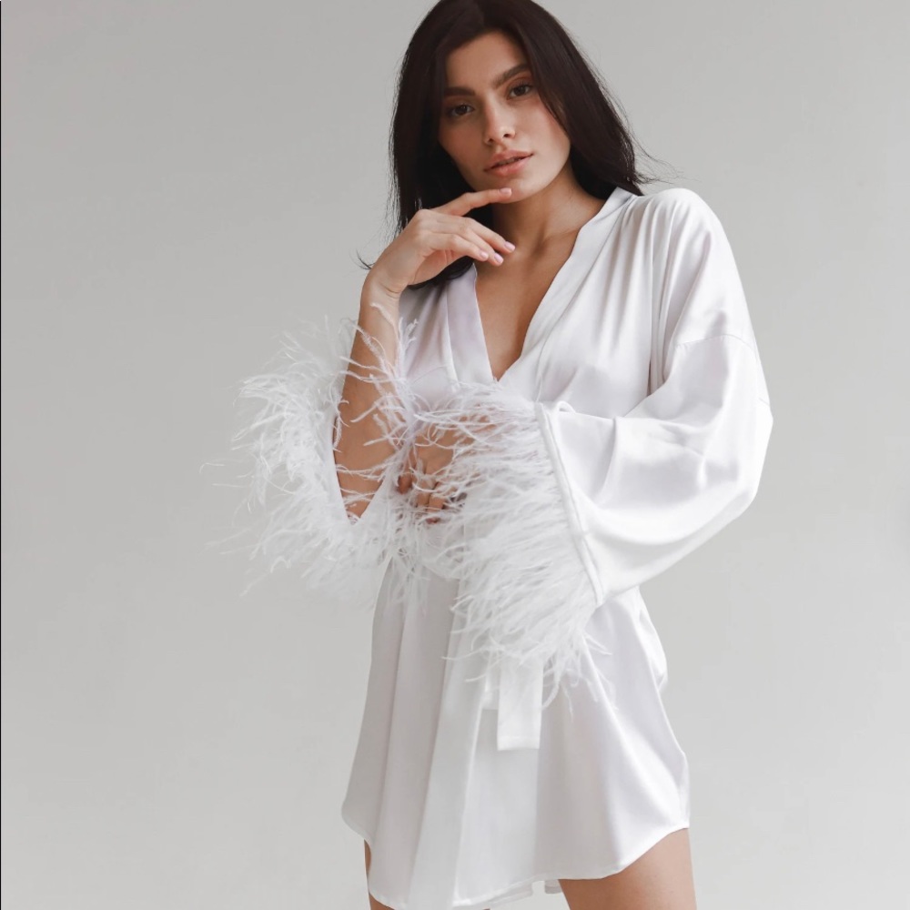 The Robe UA silk kimono robe with feathered sleeves